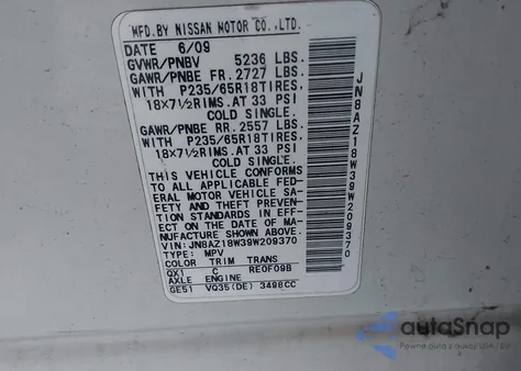 2009 Nissan Murano Sl z USA, uszkodzony, nr VIN JN8AZ18W39W209370